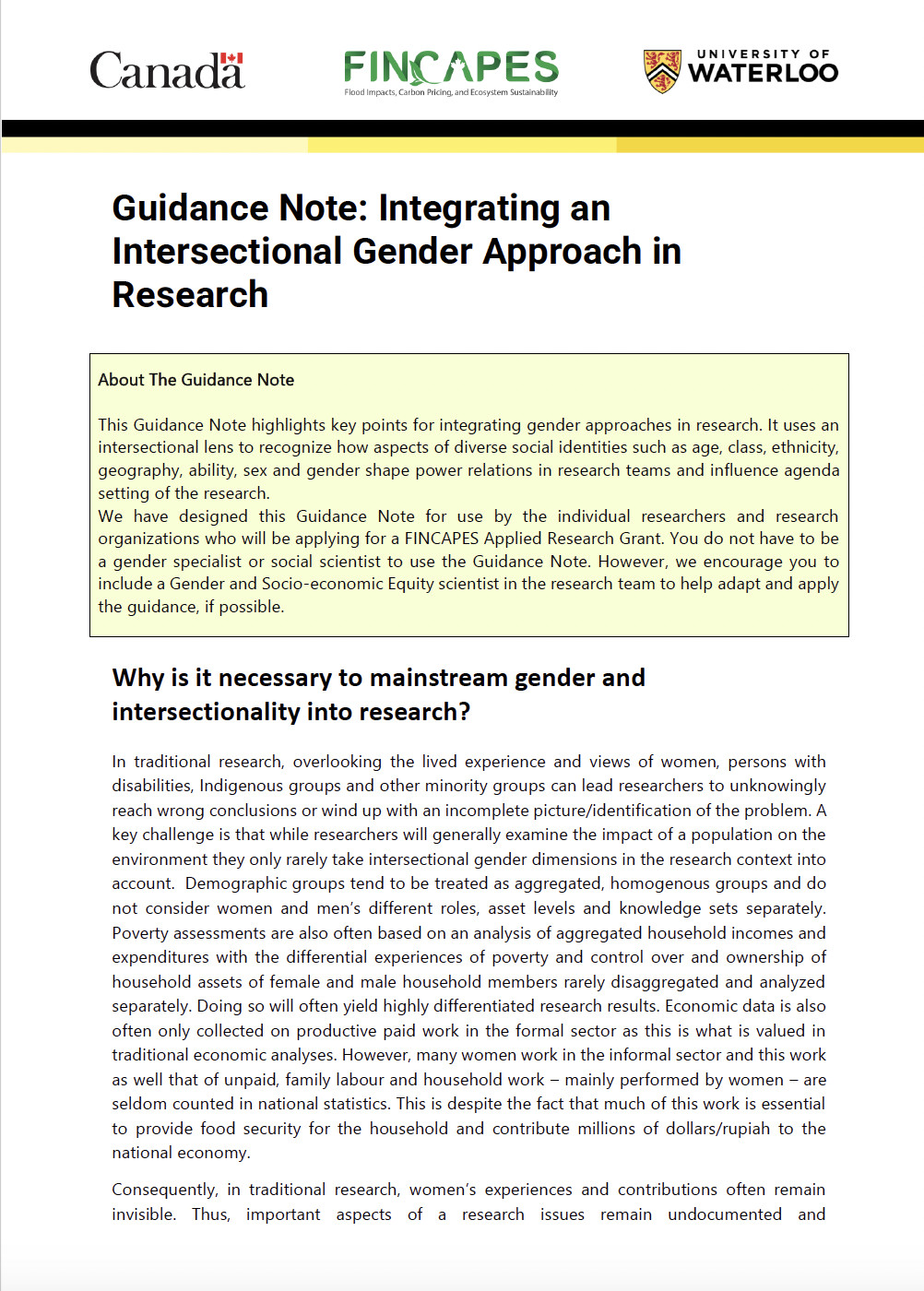 Guidance Note: Integrating an Intersectional Gender Approach in Research